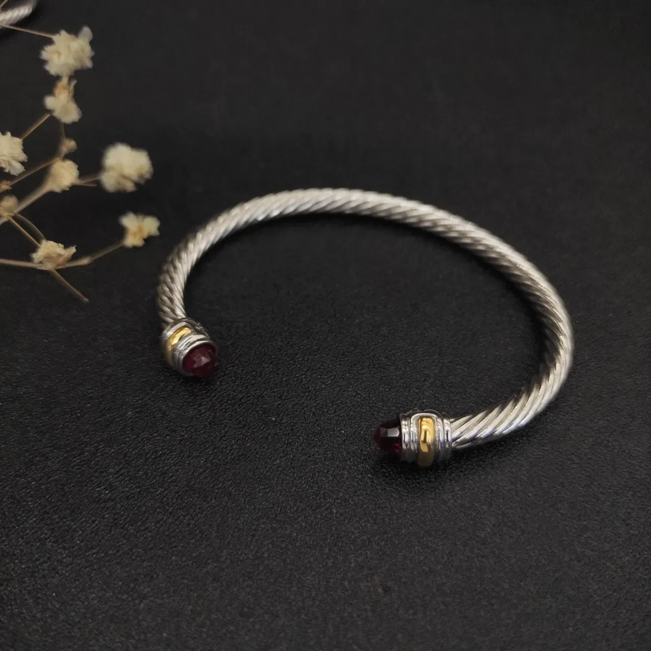 Twisted Cable Gemstone-Tipped Two-Tone Open Cuff Bracelet 8