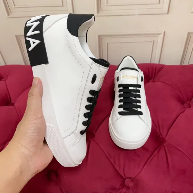 White Black Low-Top Leather Upper Sneakers 5