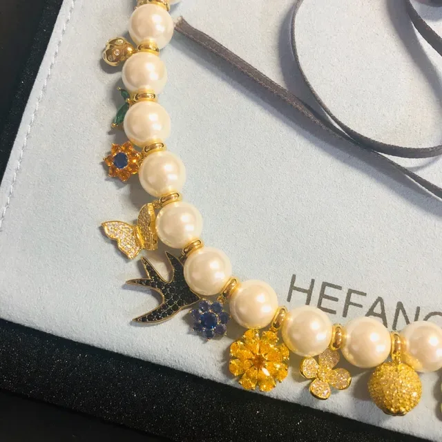 White Gold Pearl Strand Charms Necklace 5