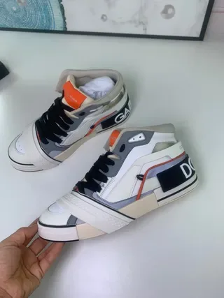 White Gray Orange Beige High-Top Layered Panel Strap Sneakers 2