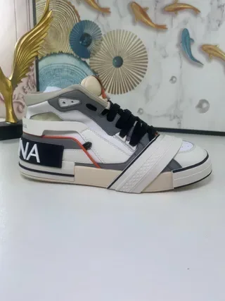 White Gray Orange Beige High-Top Layered Panel Strap Sneakers 9