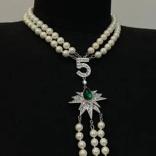 White Green Double-Strand Pearl Numeric Pendant Necklace