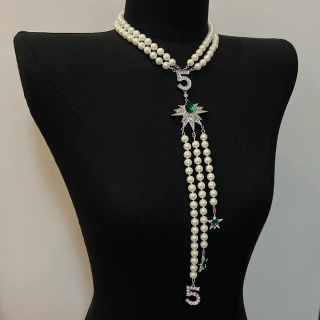 White Green Double-Strand Pearl Numeric Pendant Necklace 4