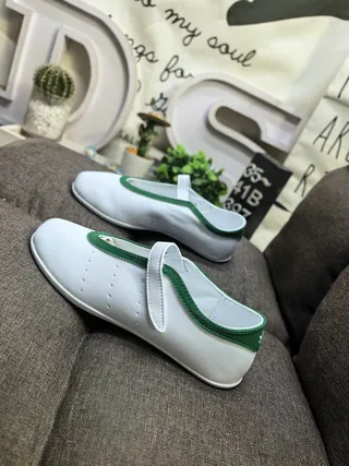 White Green Leather-Like Upper Piping Trim Mary Jane Shoes 7
