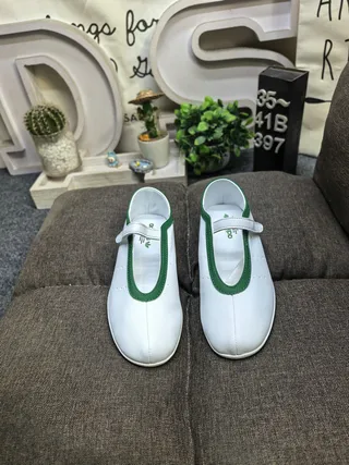 White Green Leather-Like Upper Piping Trim Mary Jane Shoes 10