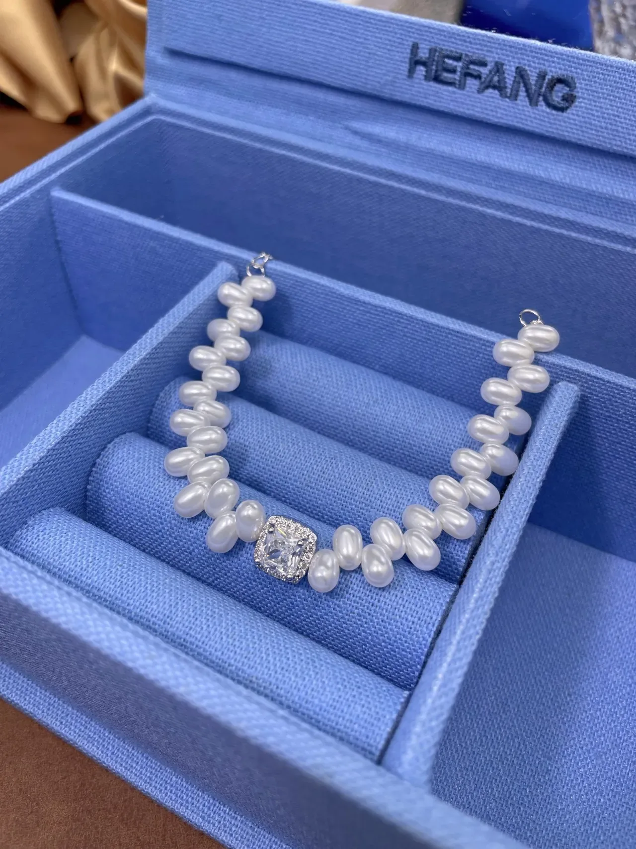 白色银色珍珠串 方形水晶扣 珠宝 9