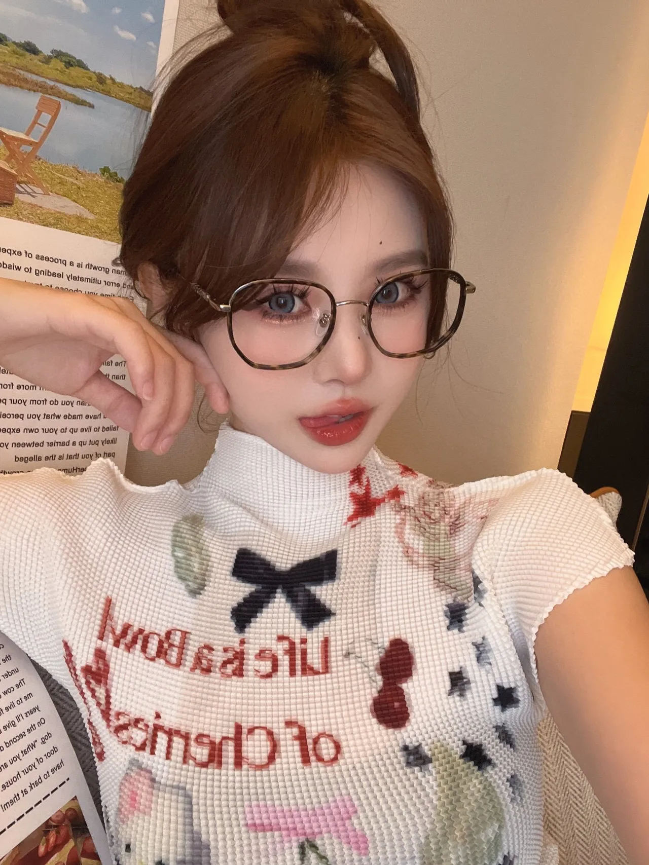 White Waffle-Knit High-Neck Embroidered Graphic Sweater 6