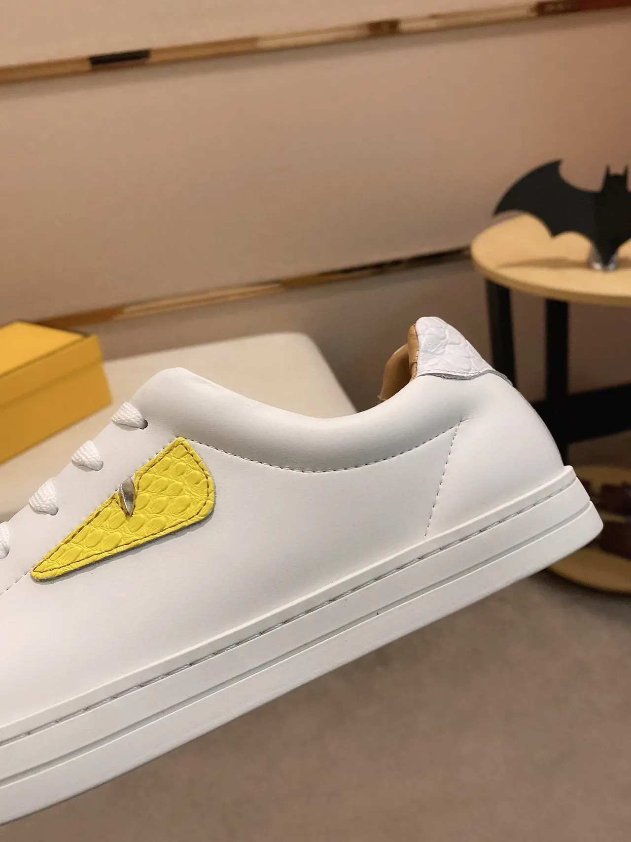 White Yellow Smooth Leather-Like Upper Textured Python-Embossed Panel Sneakers 5