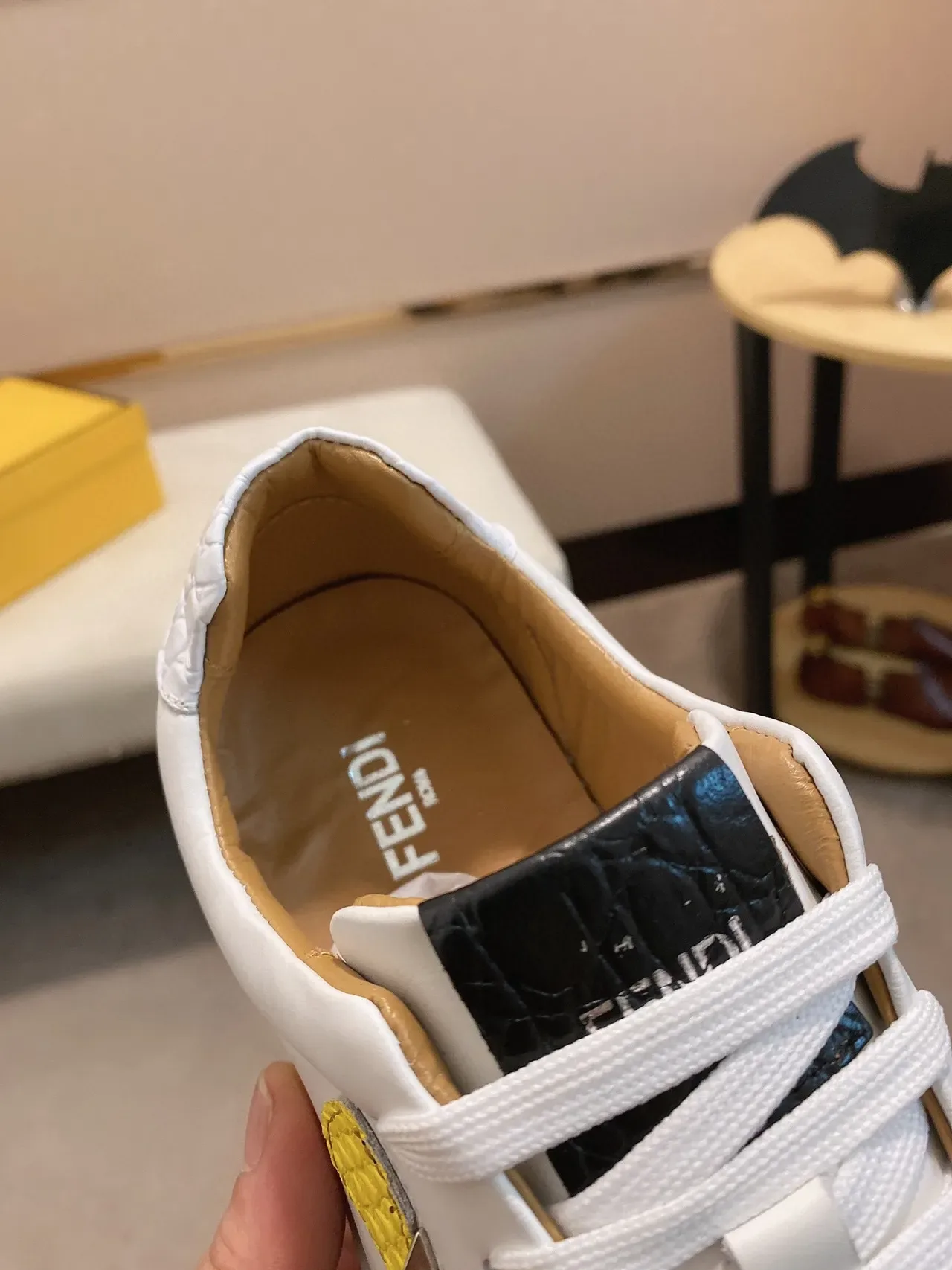 White Yellow Smooth Leather-Like Upper Textured Python-Embossed Panel Sneakers 6