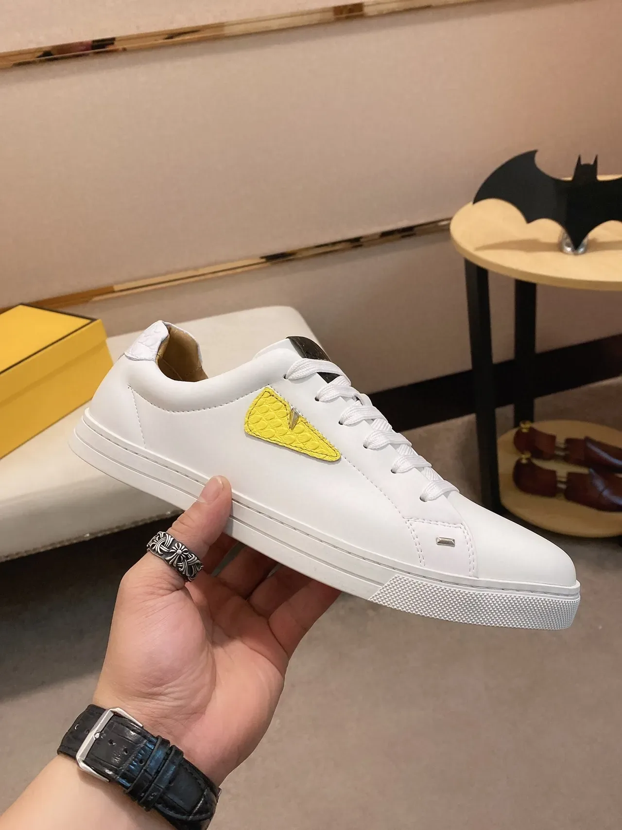 White Yellow Smooth Leather-Like Upper Textured Python-Embossed Panel Sneakers 8