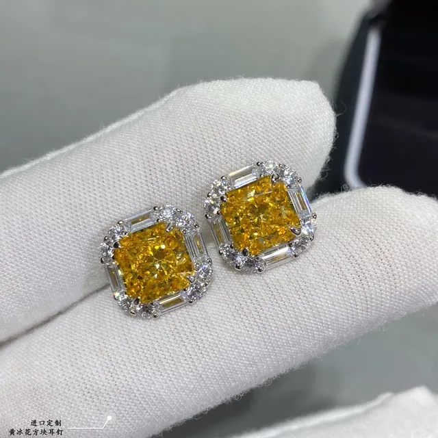 Yellow Silver Square-Cut Central Stone Halo Setting Earrings 7