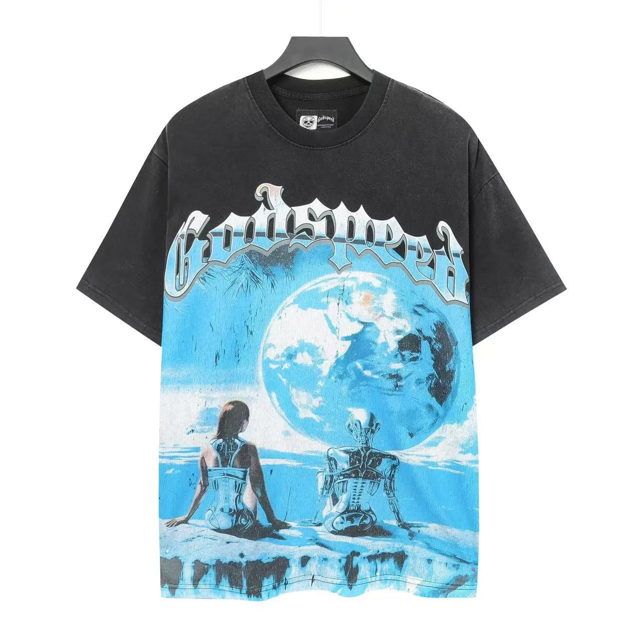 Camiseta Godspeed preta e azul corte oversized estampa gráfica desgastada 2