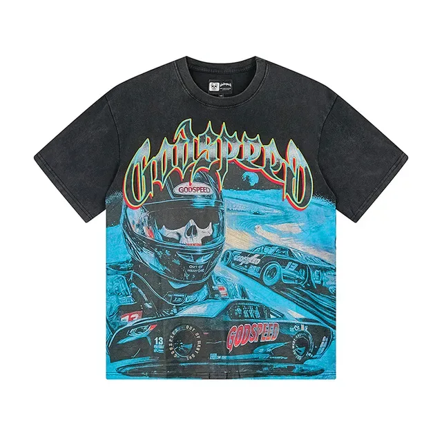 Camiseta Godspeed negra de lavado ácido con gráfico de carreras 2