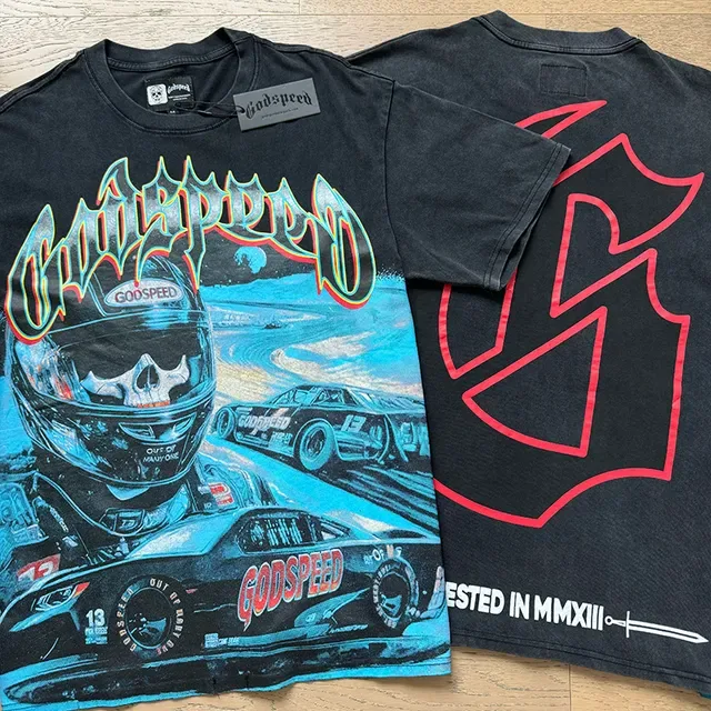 Camiseta Godspeed negra de lavado ácido con gráfico de carreras 4