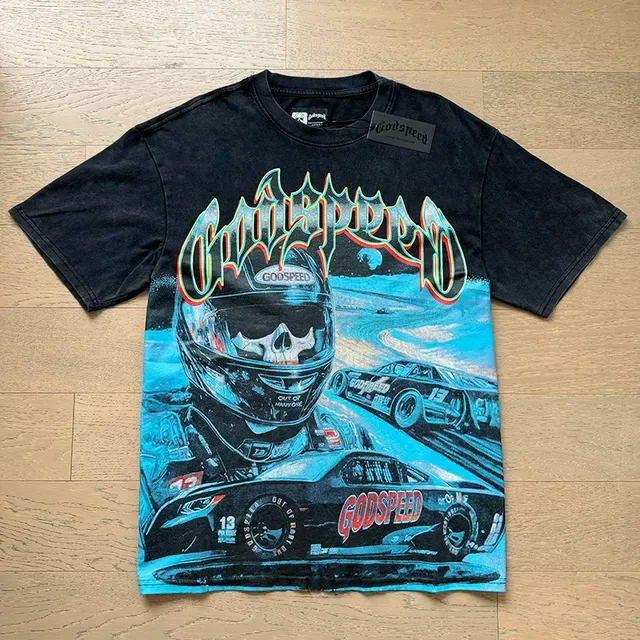 Camiseta Godspeed negra de lavado ácido con gráfico de carreras 5