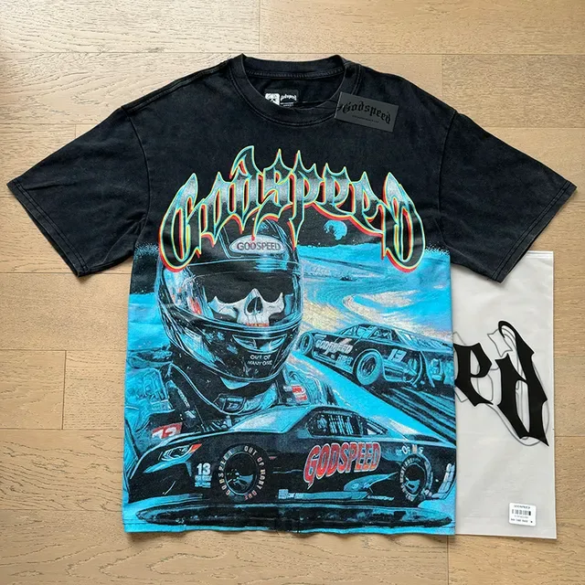 Camiseta Godspeed negra de lavado ácido con gráfico de carreras 6
