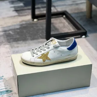 Golden Goose Superstar White Blue Distressed Leather Glitter Gold Star Appliqué Lifestyle Sneakers
