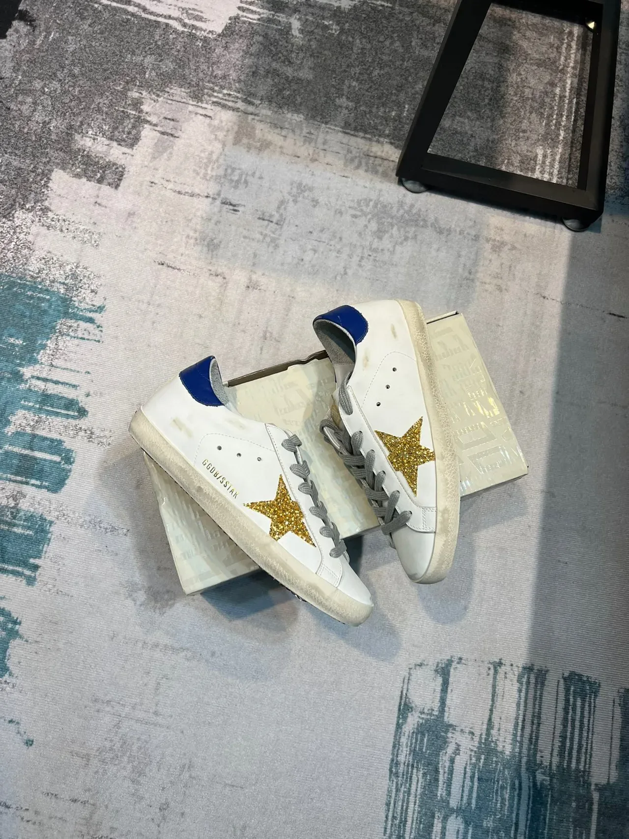 Golden Goose Superstar White Blue Distressed Leather Glitter Gold Star Appliqué Lifestyle Sneakers 5