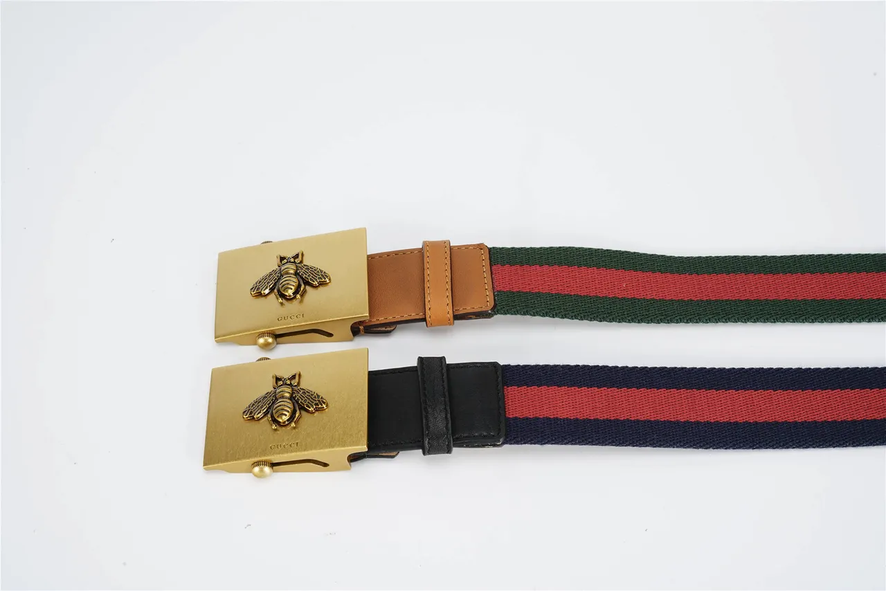 Gucci بكل نحلة أخضر بني منسوج شريط شبكي تفاصيل حزام كانفاس 2