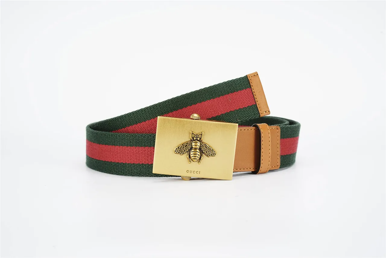 Gucci بكل نحلة أخضر بني منسوج شريط شبكي تفاصيل حزام كانفاس 4
