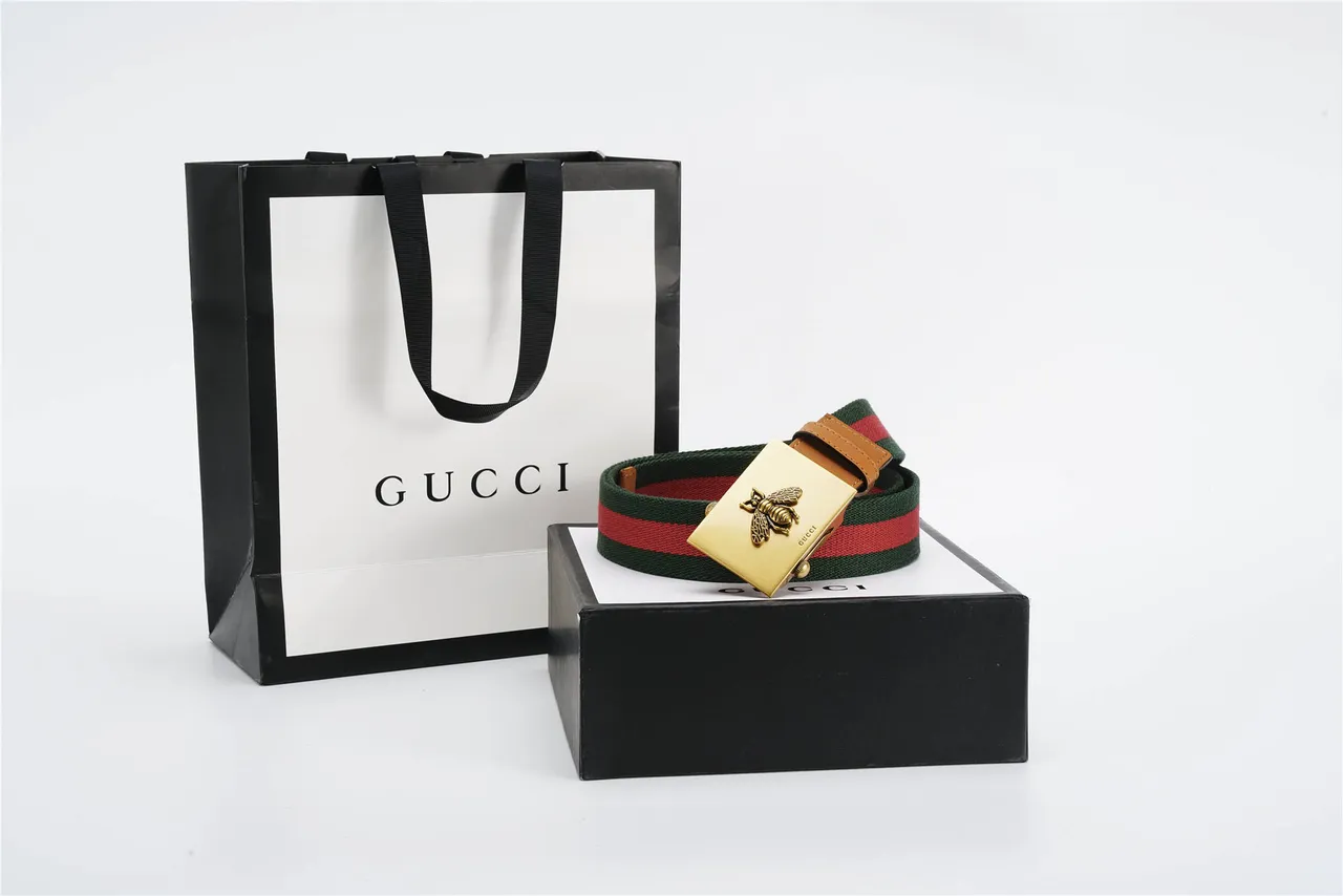 Gucci بكل نحلة أخضر بني منسوج شريط شبكي تفاصيل حزام كانفاس 5