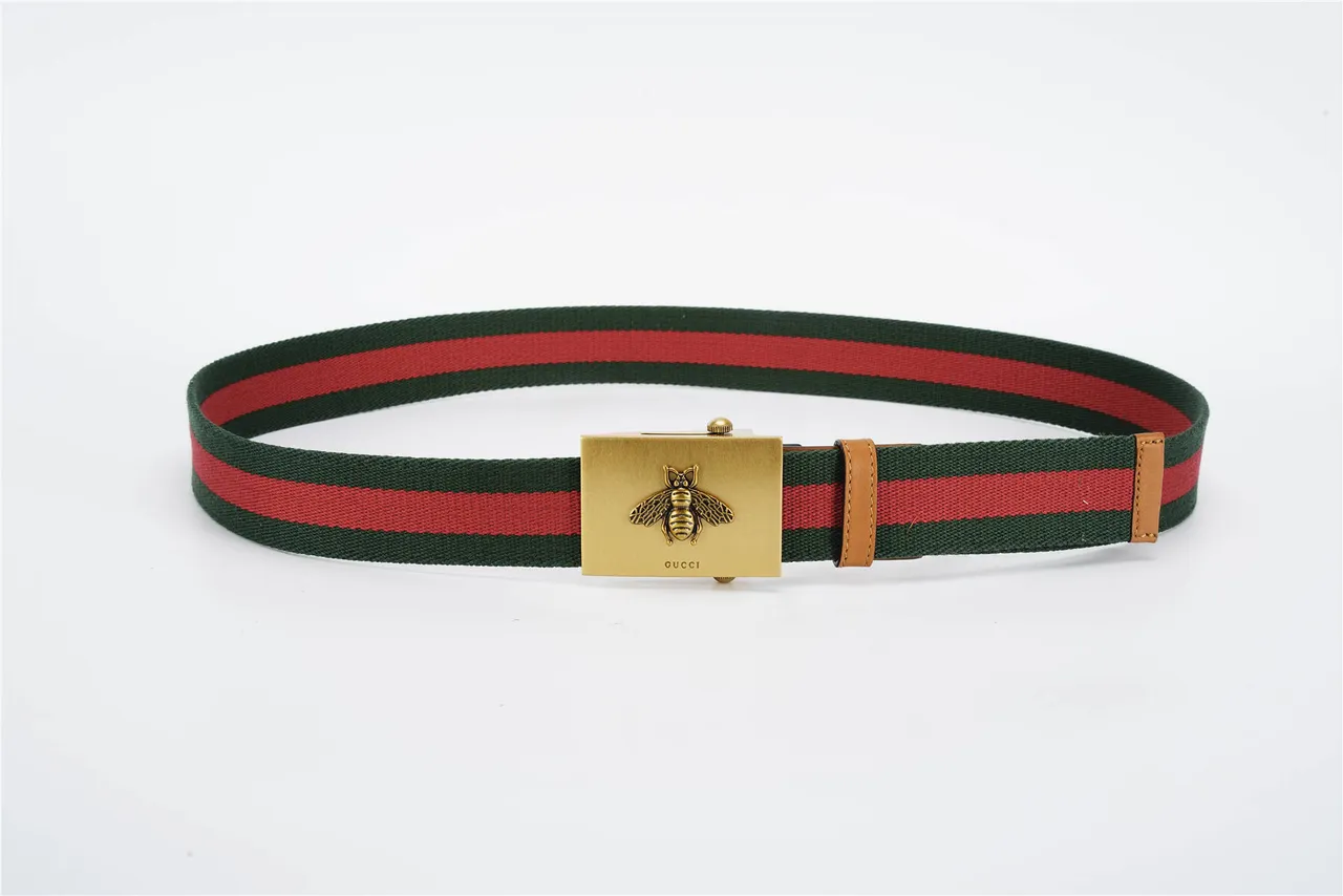 Gucci بكل نحلة أخضر بني منسوج شريط شبكي تفاصيل حزام كانفاس 9