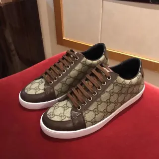 Gucci Beige Marrón GG Monogram Lona Cuero Superposiciones Estilo de vida Zapatillas