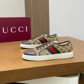 Gucci 米色棕色 GG Monogram Canvas Web Stripe 生活方式运动鞋
