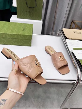 Gucci Beige Gold Square-Toe Embossed GG Monogram Slippers 2