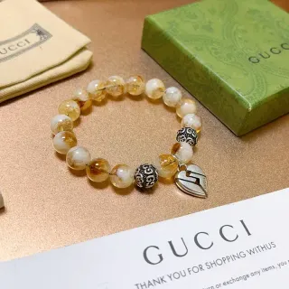 Gucci Pulsera de Cuentas Plateadas Beige con Piedras Ámbar y Blanco
