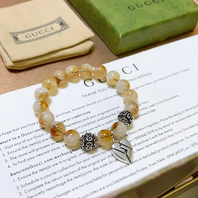 Gucci Pulsera de Cuentas Plateadas Beige con Piedras Ámbar y Blanco 3