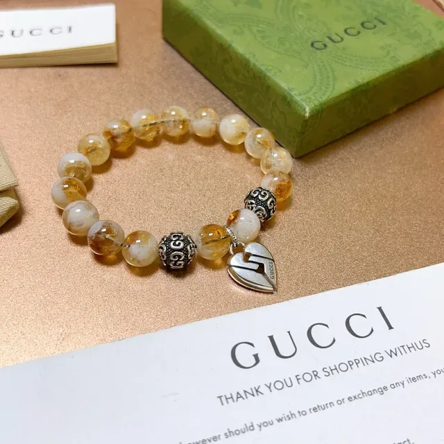 Gucci Pulsera de Cuentas Plateadas Beige con Piedras Ámbar y Blanco 4