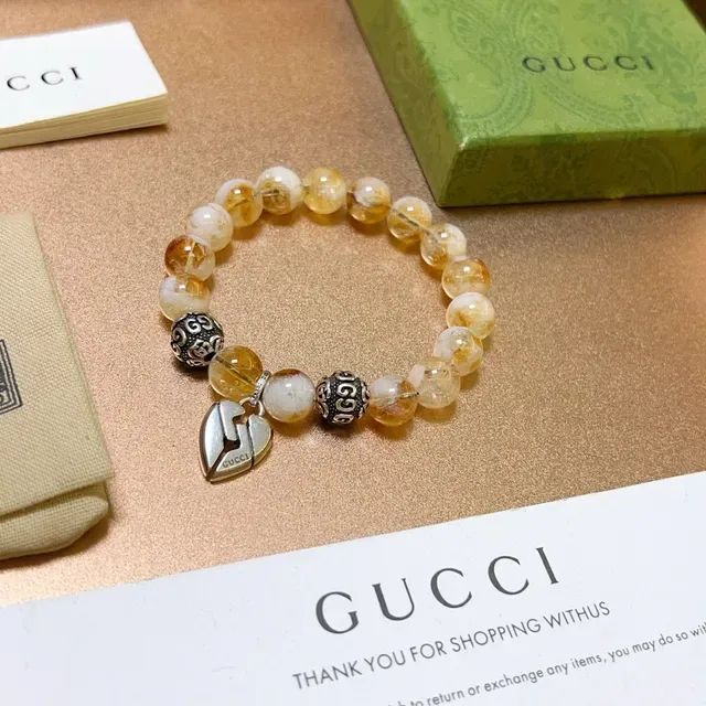 Gucci Pulsera de Cuentas Plateadas Beige con Piedras Ámbar y Blanco 6