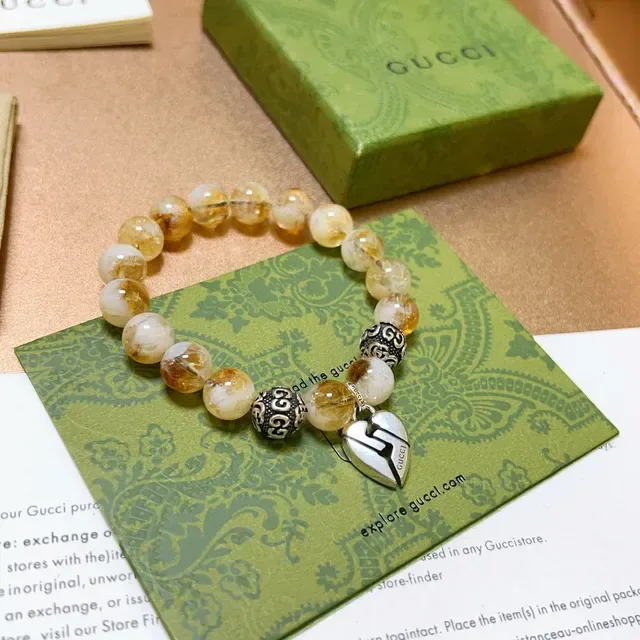 Gucci Pulsera de Cuentas Plateadas Beige con Piedras Ámbar y Blanco 9
