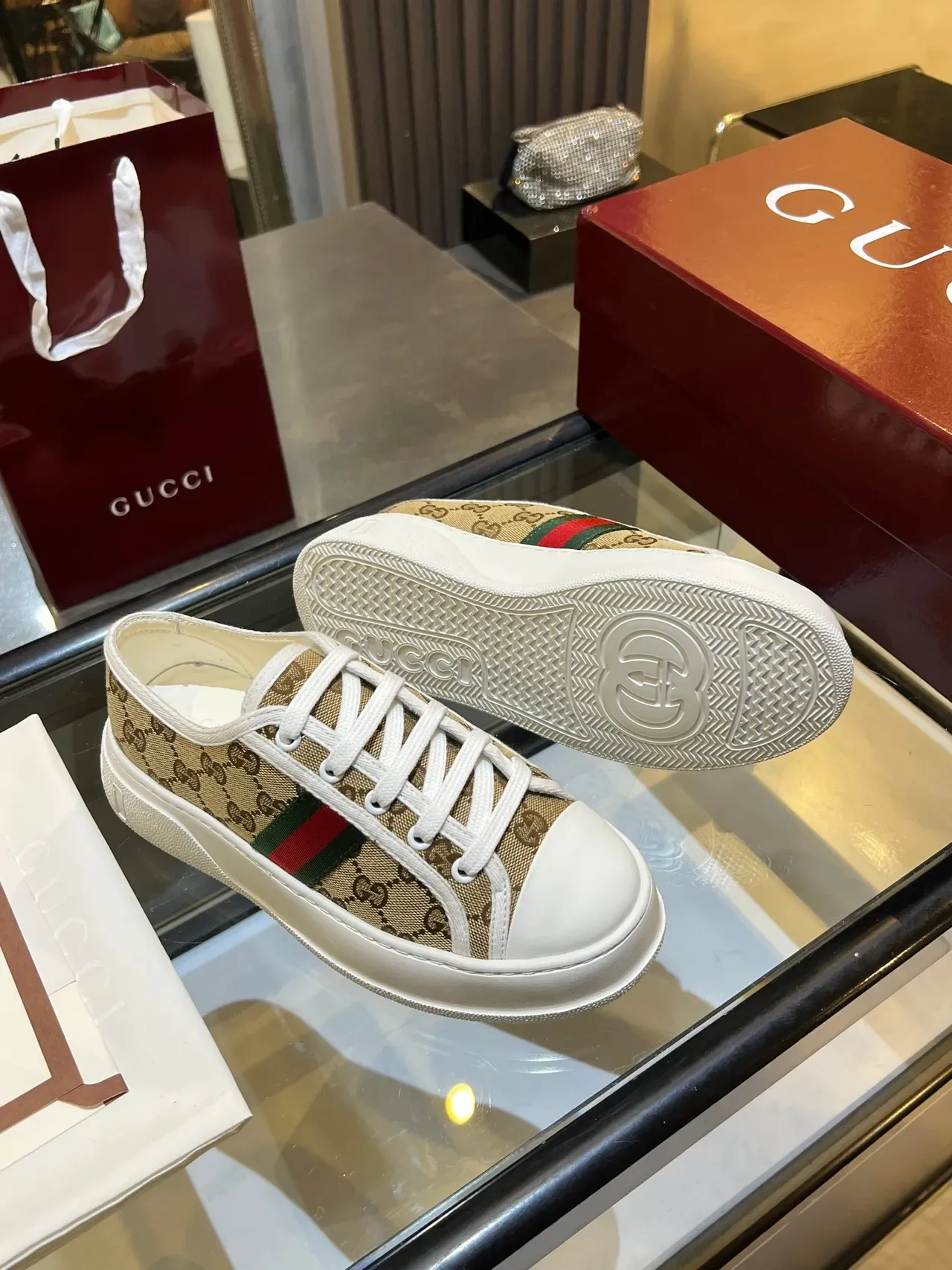 Gucci Beige White GG Monogram Canvas Web Stripe Lifestyle Sneakers 2