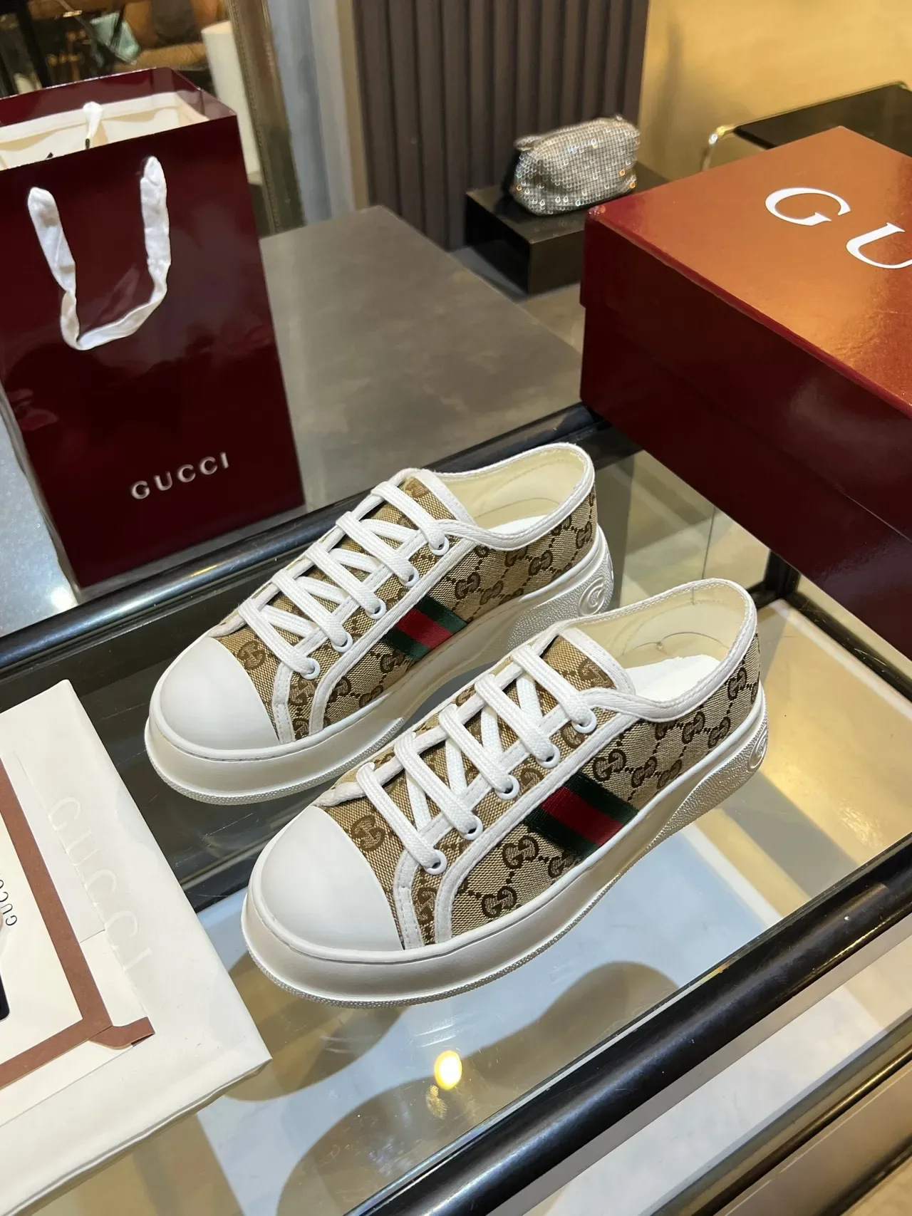 Gucci Beige White GG Monogram Canvas Web Stripe Lifestyle Sneakers 3