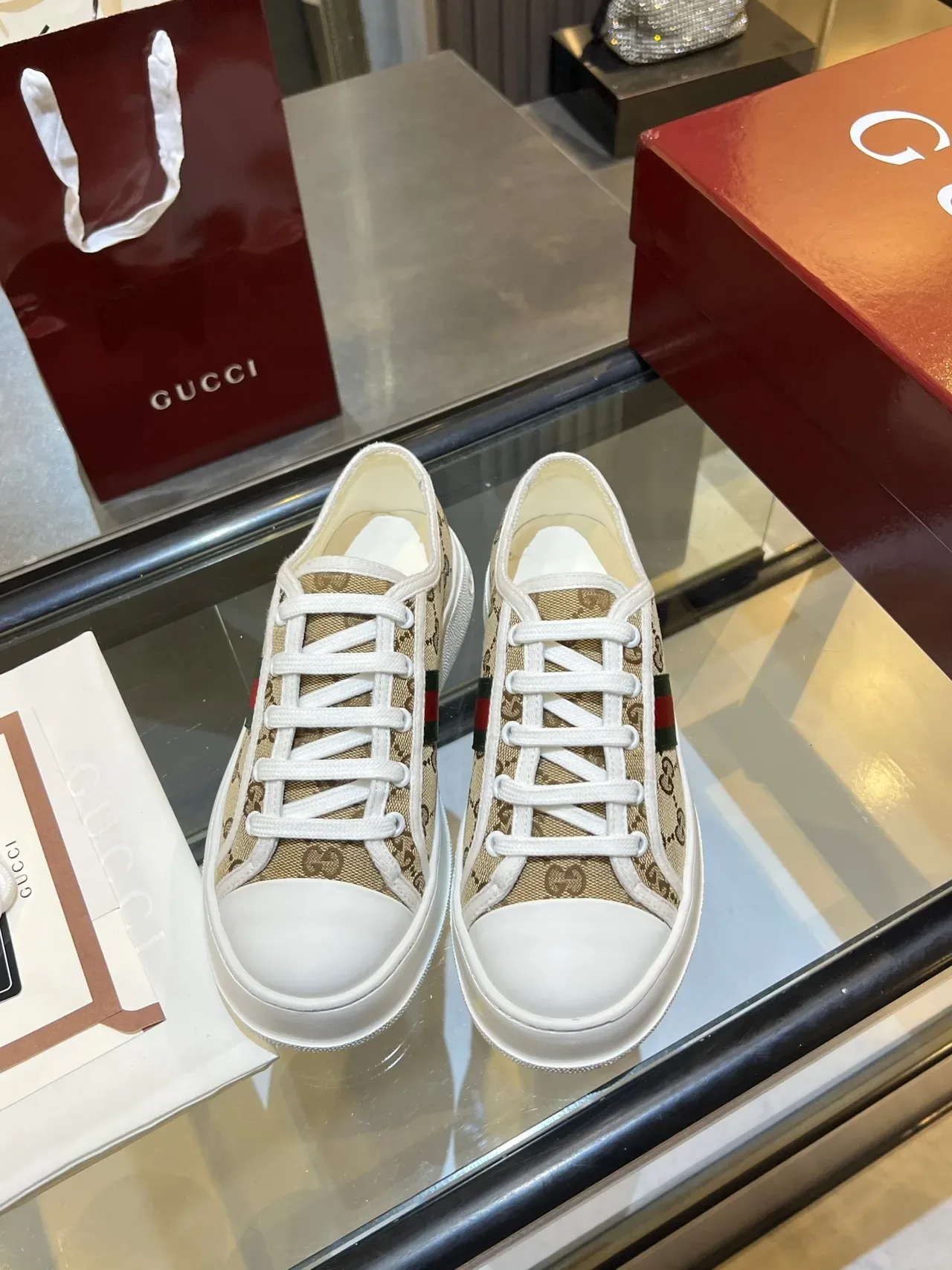 Gucci Beige White GG Monogram Canvas Web Stripe Lifestyle Sneakers 4