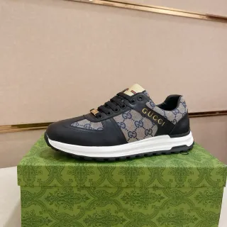 Gucci Negro Beige GG Monogram Canvas Leather Recubrimientos Estilo de Vida Zapatillas