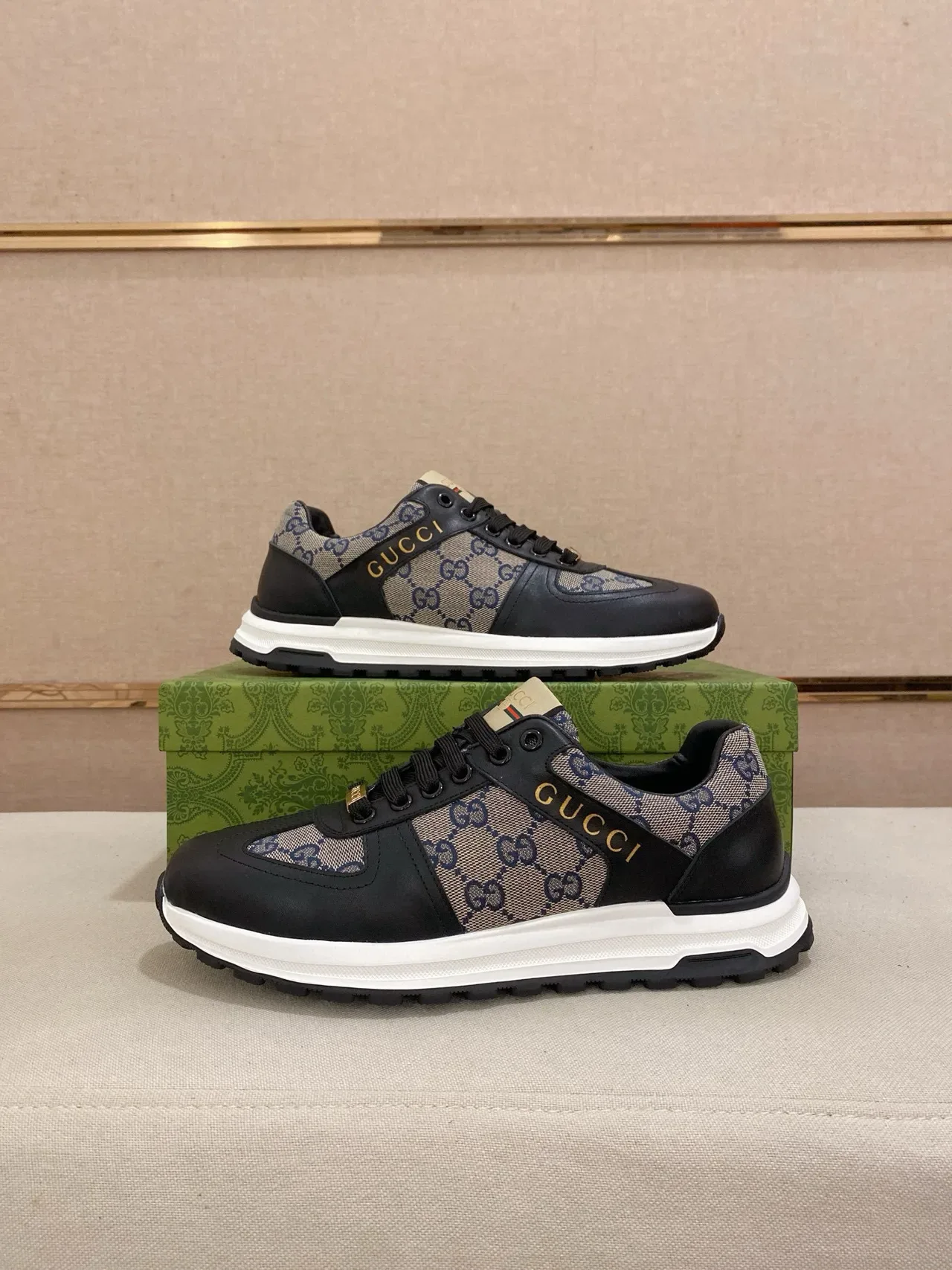 Gucci أسود بيج GG Monogram Canvas Leather طبقات أسلوب حياة سنيكرز 7