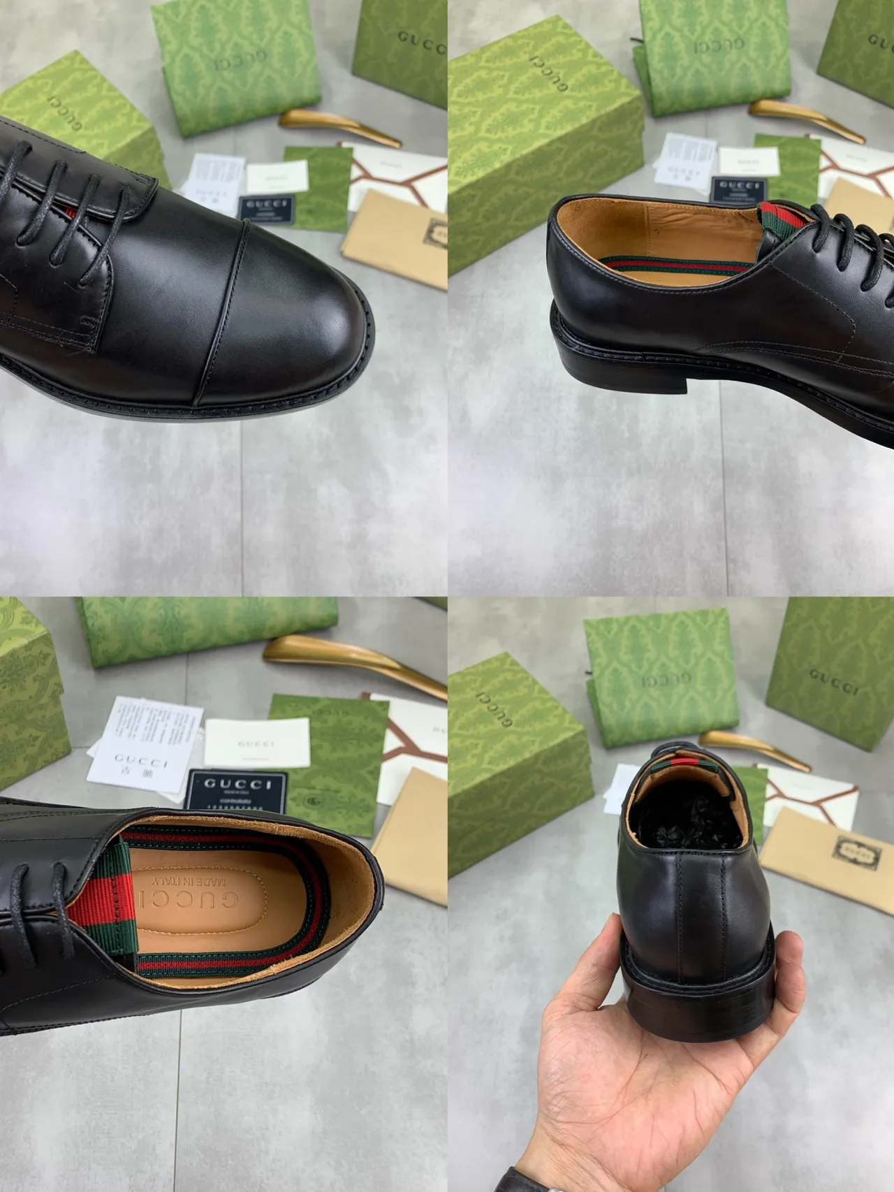 Gucci 黑色绿色 尖头 抛光皮革 牛津鞋 3