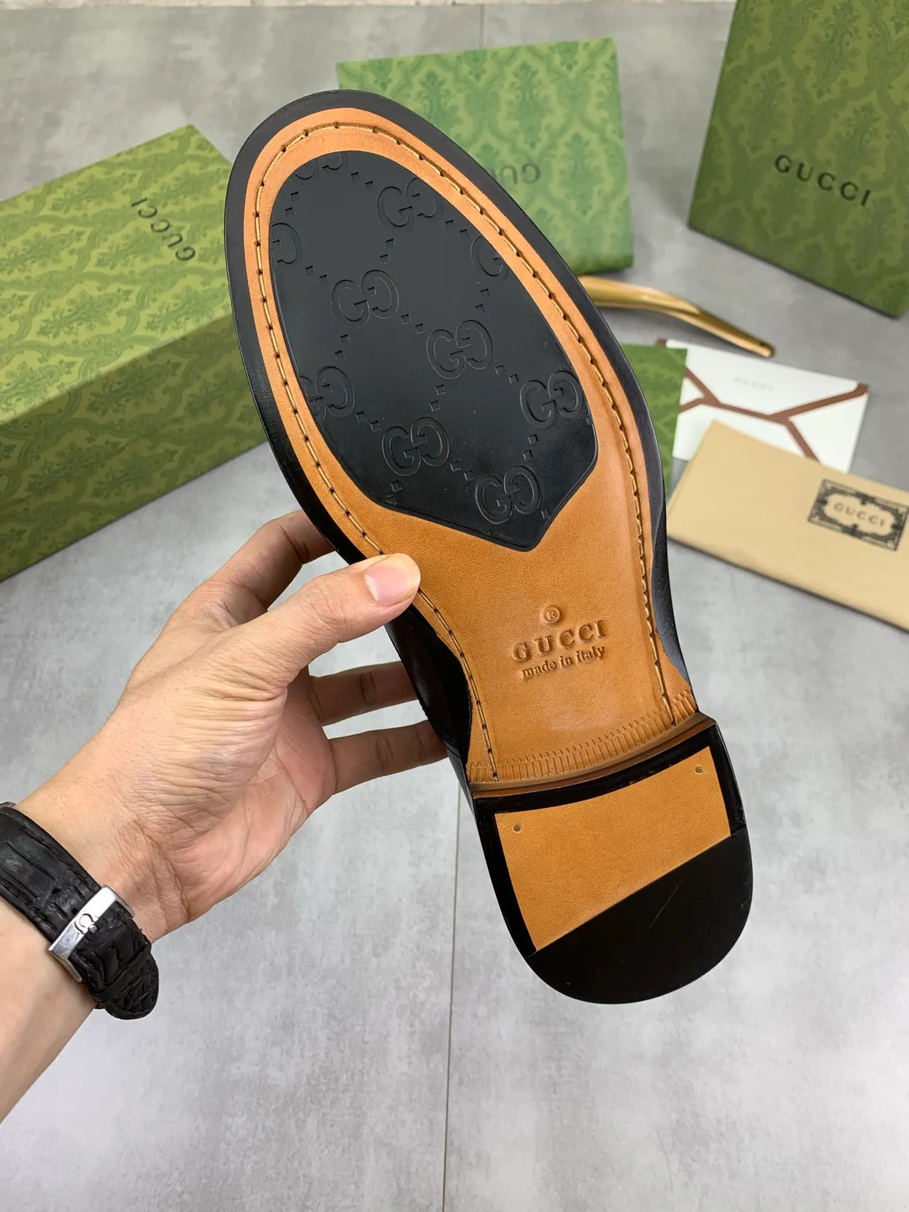 Gucci 黑色绿色 尖头 抛光皮革 牛津鞋 4