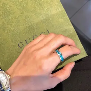 Gucci أزرق فضي إنامل نقش interlocking G Logo خاتم