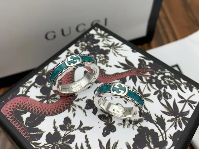 Gucci Azul Plata Esmalte Inlay Interlocking G Logo Anillo 2