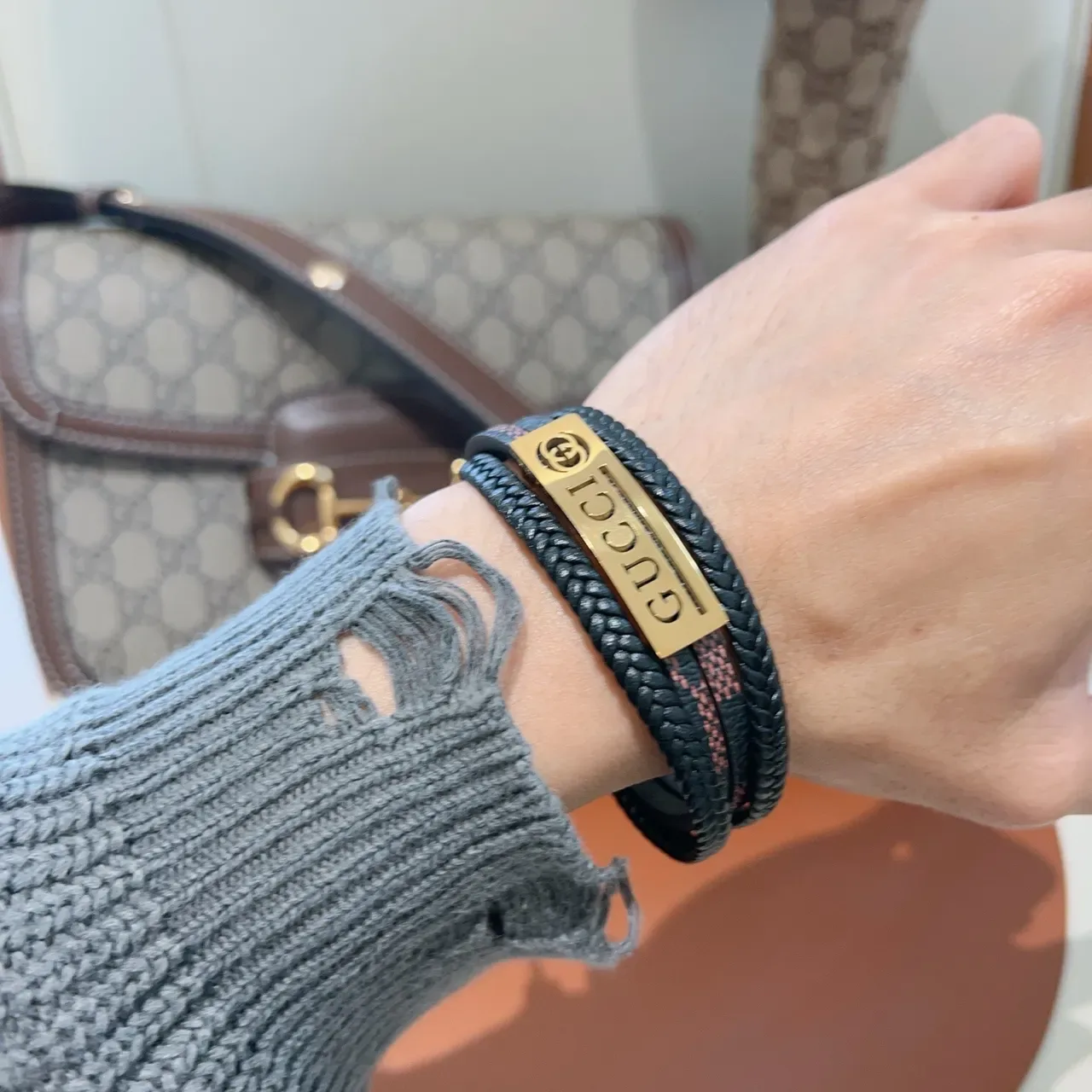 Gucci Braided Leather Multi-Wrap Gold Plaque Bracelet 2