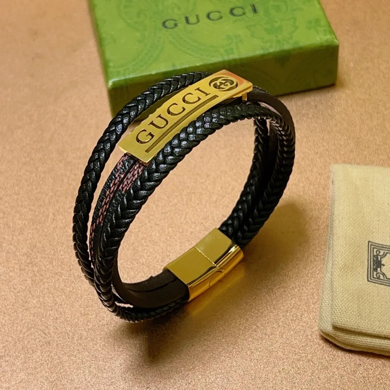 Gucci Braided Leather Multi-Wrap Gold Plaque Bracelet 7