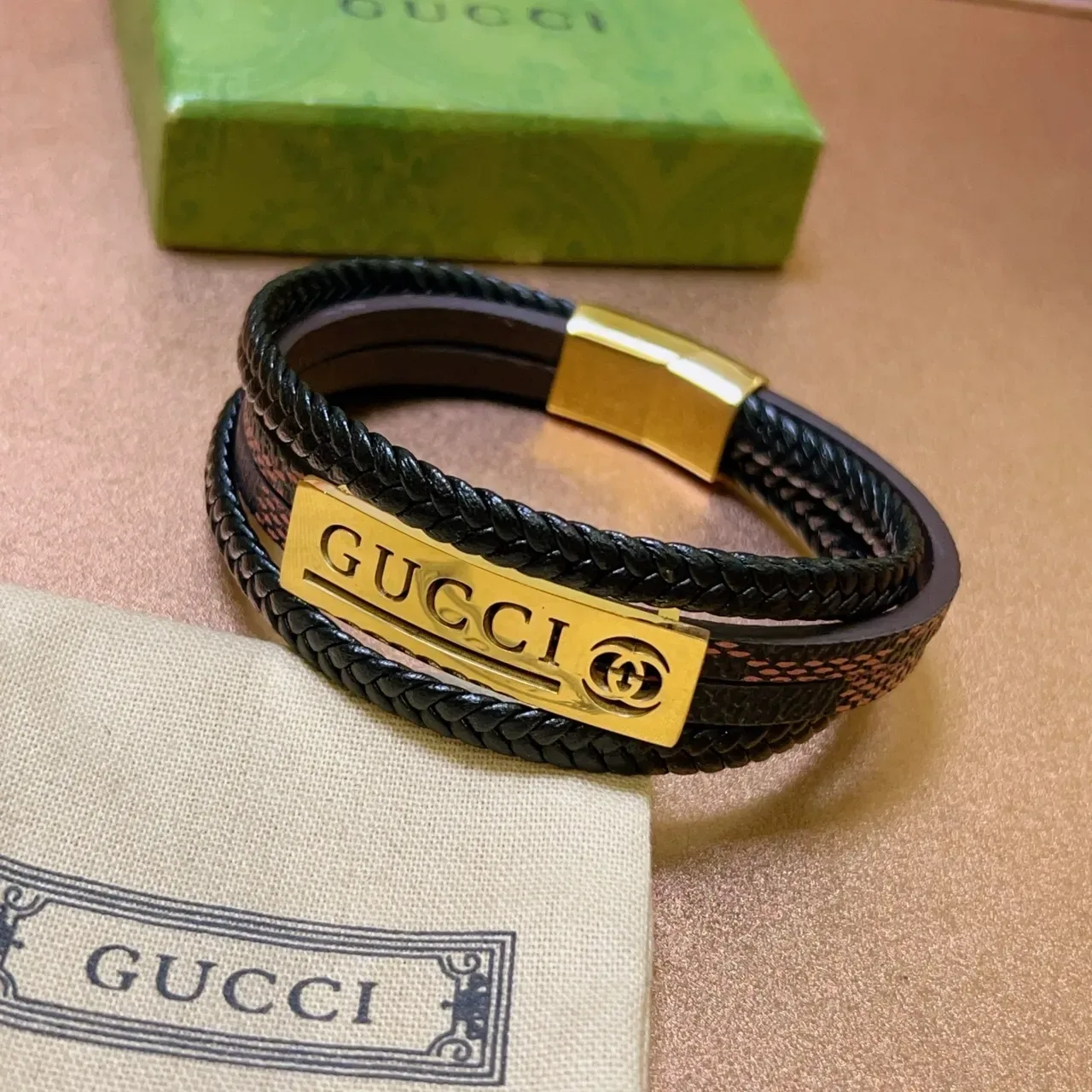 Gucci Braided Leather Multi-Wrap Gold Plaque Bracelet 8