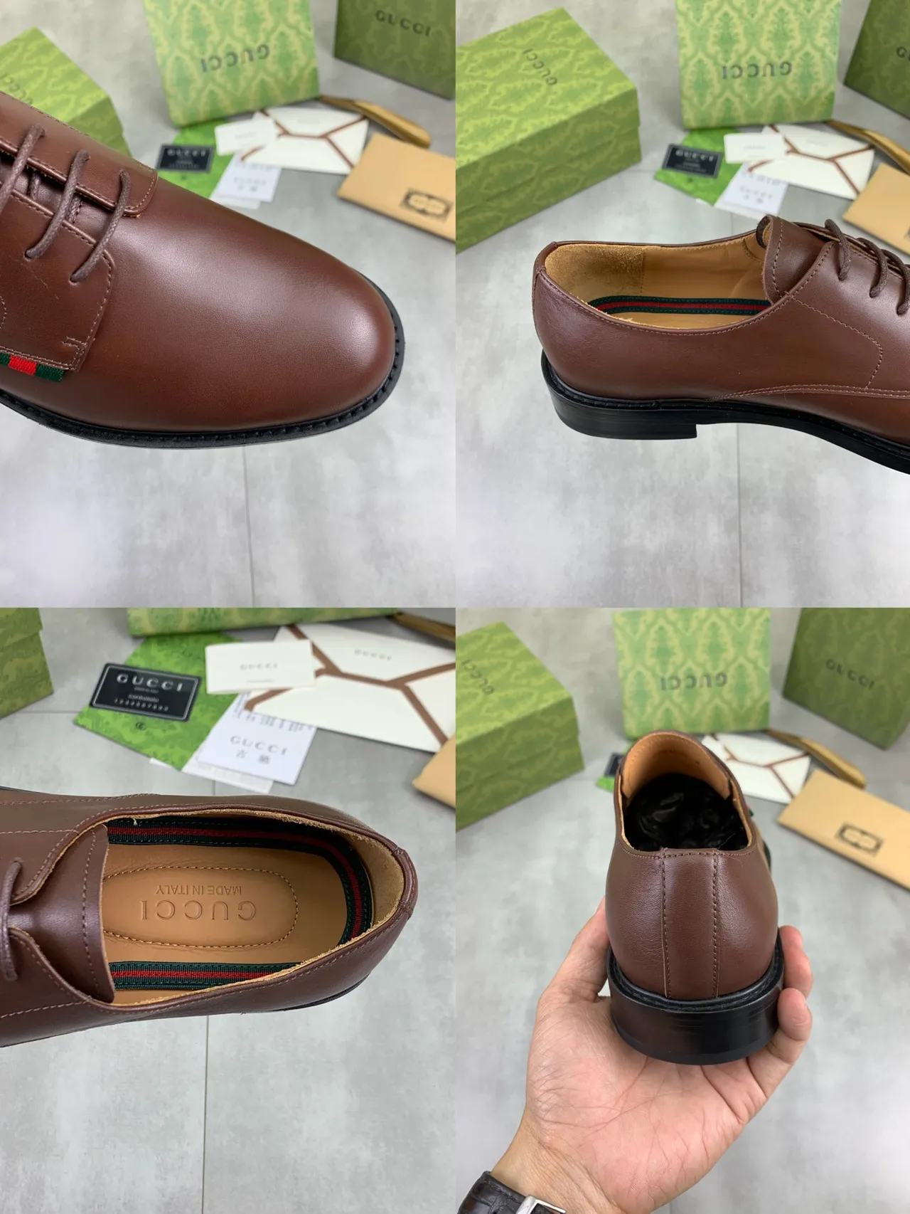 Gucci أحذية دربي جلد ناعم بني أسود بناء رباط مفتوح 3