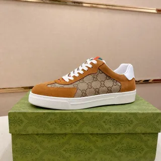 Gucci 棕白 GG Monogram 帆布 米色麂皮叠层生活运动鞋