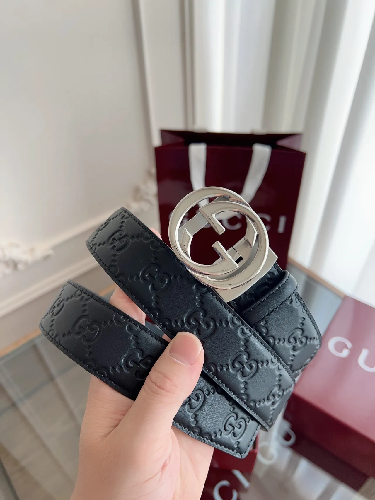 Gucci Double G Belt Black Gold Embossed GG Monogram Leather Belt 2