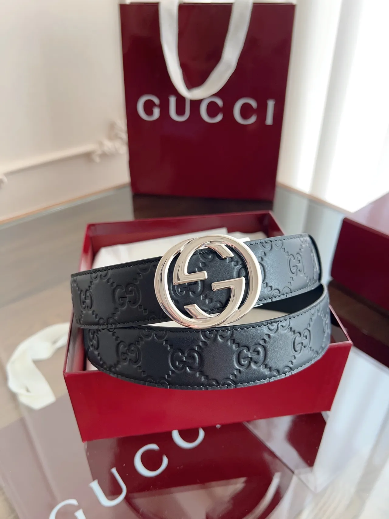 Gucci Double G Belt Black Gold Embossed GG Monogram Leather Belt 3
